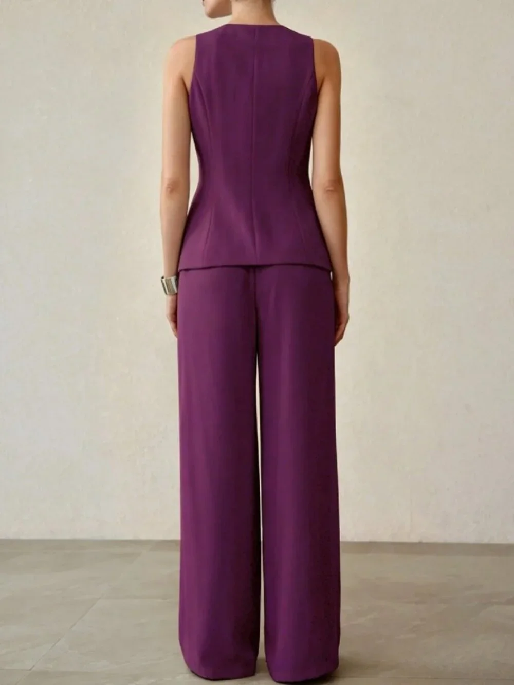 Plum Purple V-Neck Vest & Wide Leg Pants Set